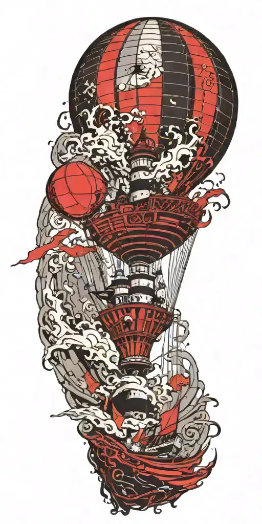 hot air balloon, lighthouse, and ship wreck in a tidal wave tattoo design idea