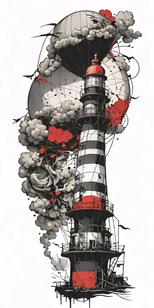 lighthouse and hot air balloon being destroyed in a tornado  tattoo design idea