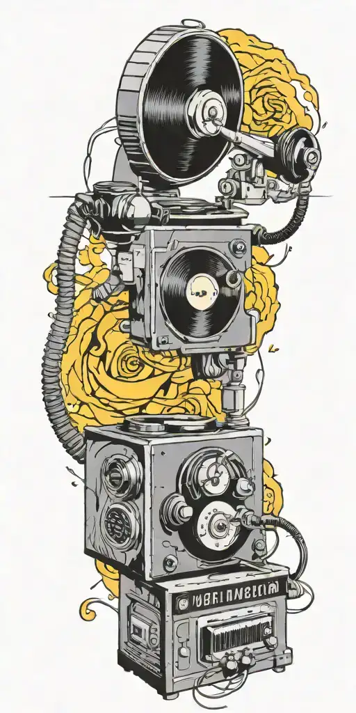 rock music record player, concert speakers, old school dial phone tornado  tattoo design idea