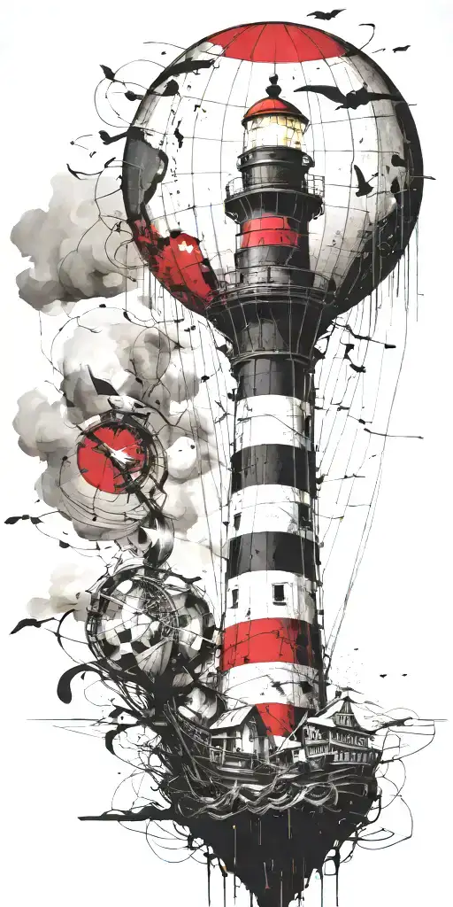 light house hot air balloon and shipwreck scene tattoo design idea