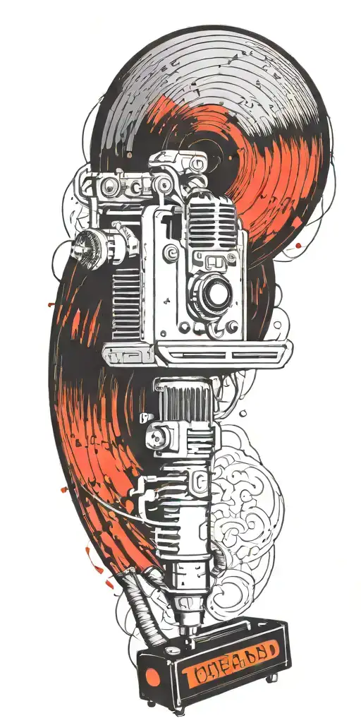 tornado of rock music record player, concert speakers, microphone  tattoo design idea