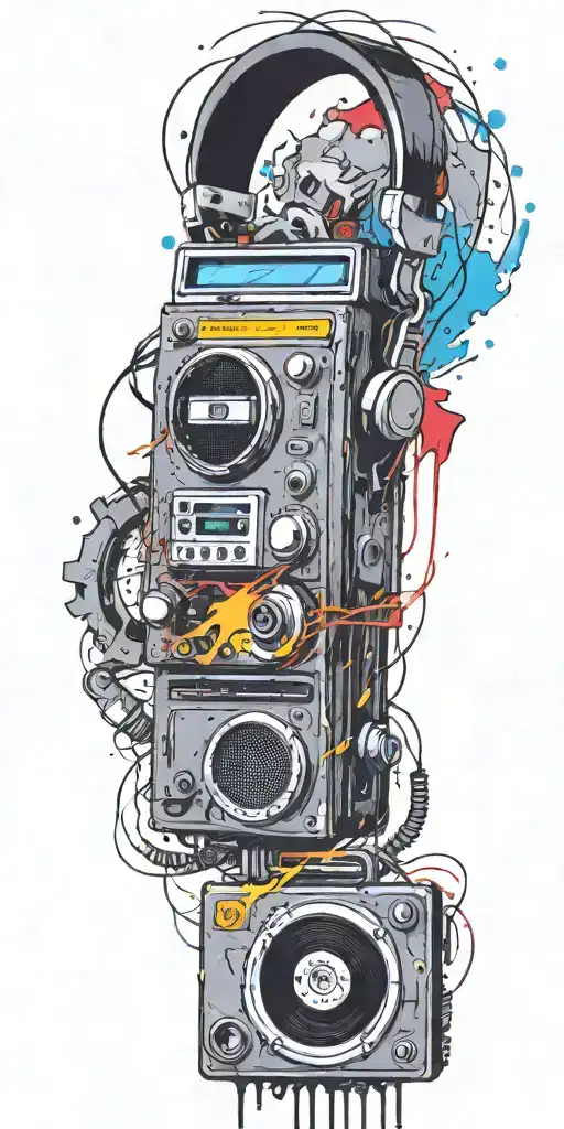 trippy cassette tape, headphones, guitar bomb exploding tattoo design idea