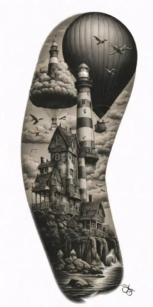 lighthouses mushroom hot air balloons and a shipwreck  tattoo design idea