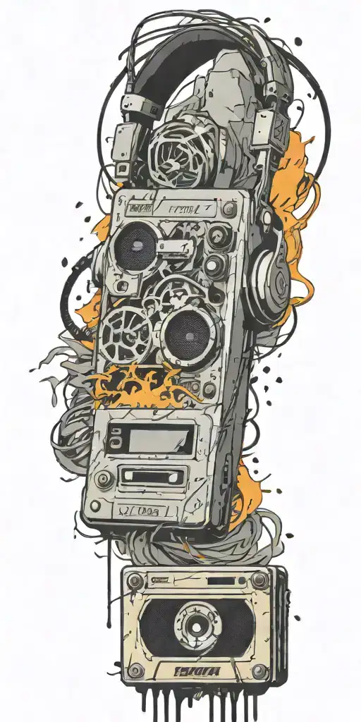 frozen cassette tape, headphones, guitar thunder storm  tattoo design idea