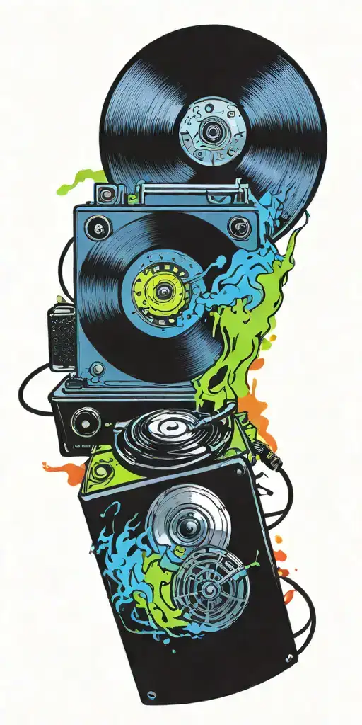 rock music record player, concert speakers, old school dial phone tornado  tattoo design idea