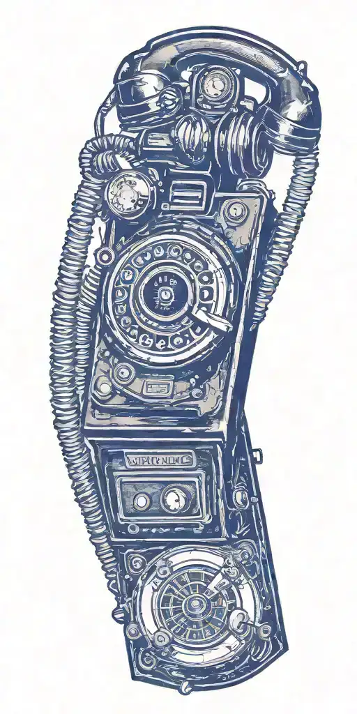 vintage old school dial phone, music speakers, and record player tornado  tattoo design idea