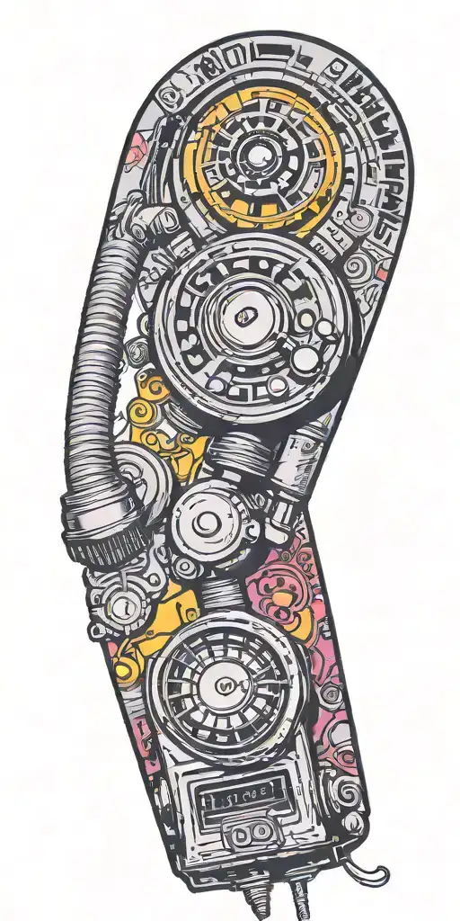 old school dial phone, microphone, record player spinning tattoo design idea