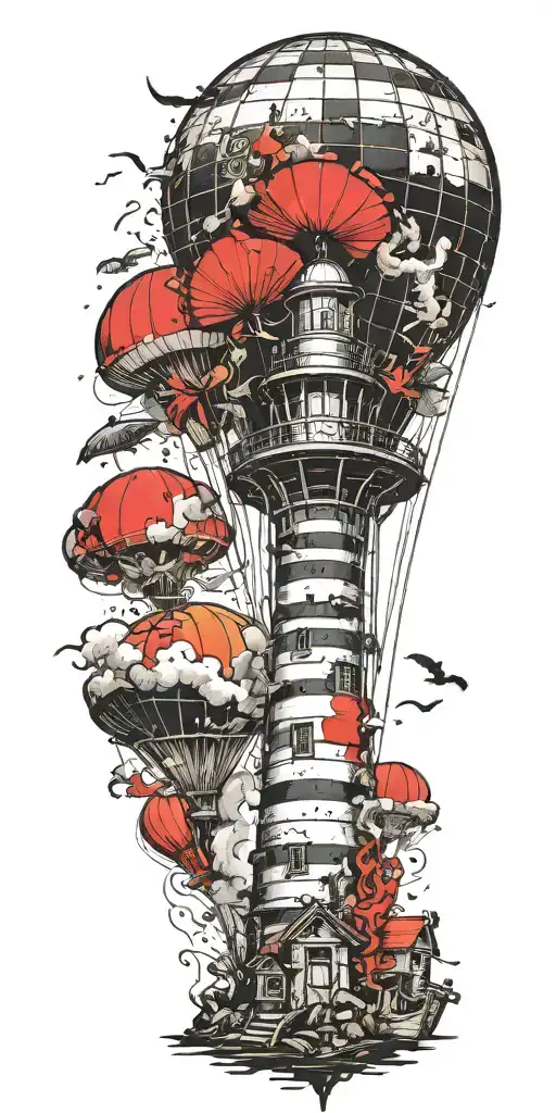 lighthouse mushroom hot air ballon's and a shipwreck  tattoo design idea