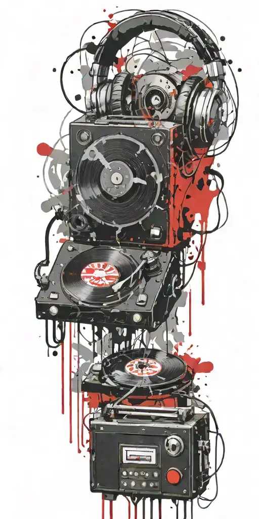 brenade broken record player, cassette tape headphones thunder storm  tattoo design idea