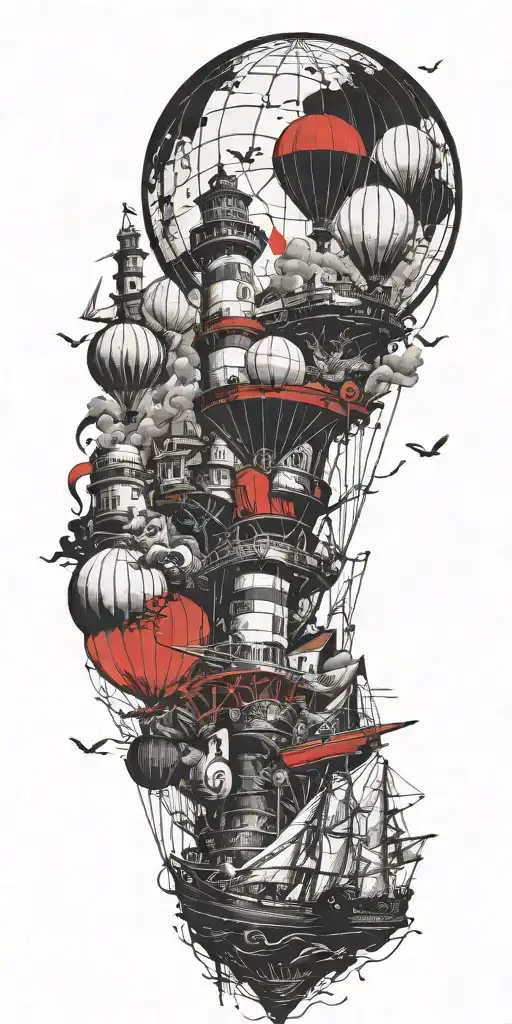 hot air balloons, lighthouses, and ship wreck  tattoo design idea