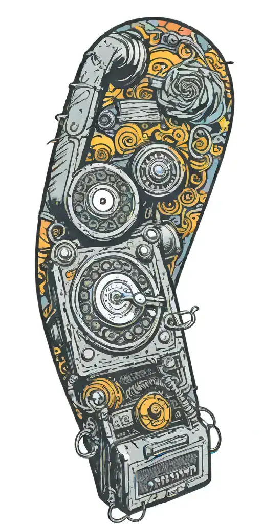 trippy old school dial phone, music speakers, and record player tornado melting  tattoo design idea