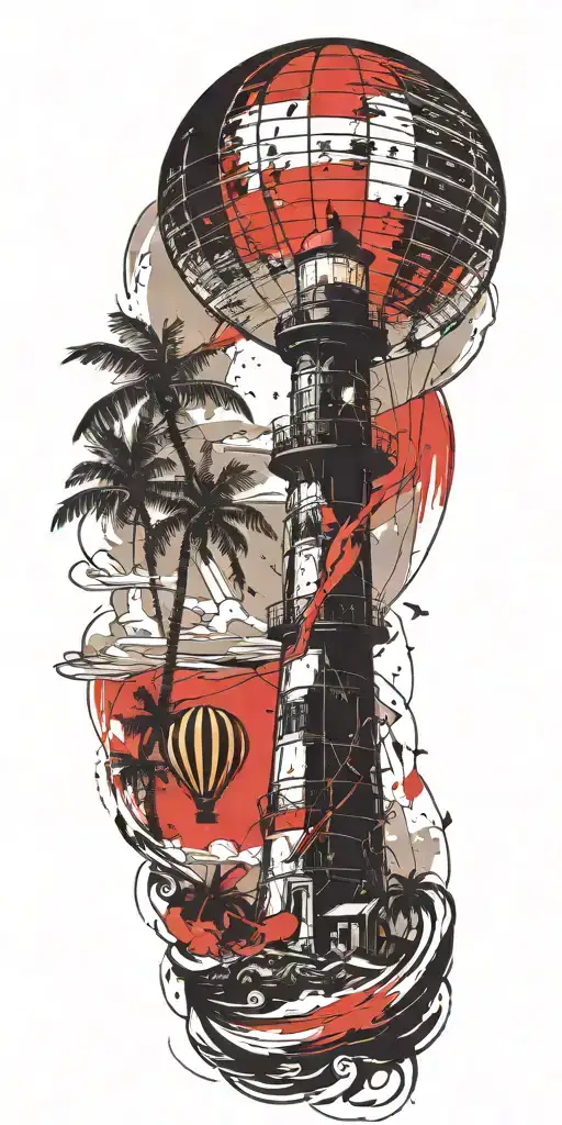 light house beach scene with palm trees and hot air balloons  tattoo design idea