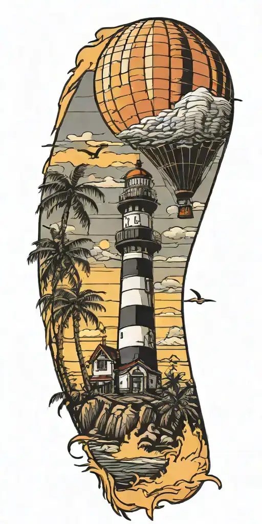 light house beach scene with palm trees and hot air balloons  tattoo design idea