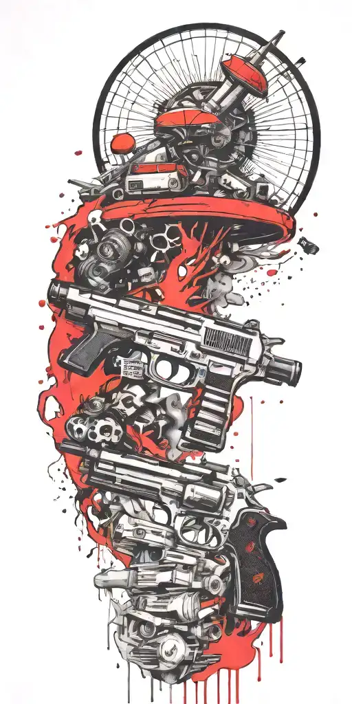 suburban tornado gun fight explosion by grenade on shrooms  tattoo design idea