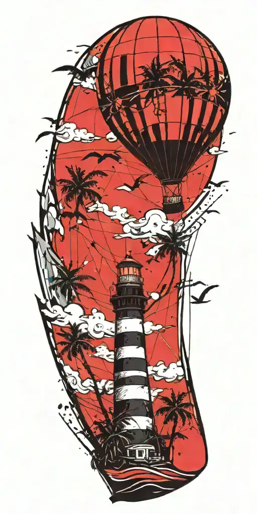 light house beach scene with palm trees and hot air balloons  tattoo design idea