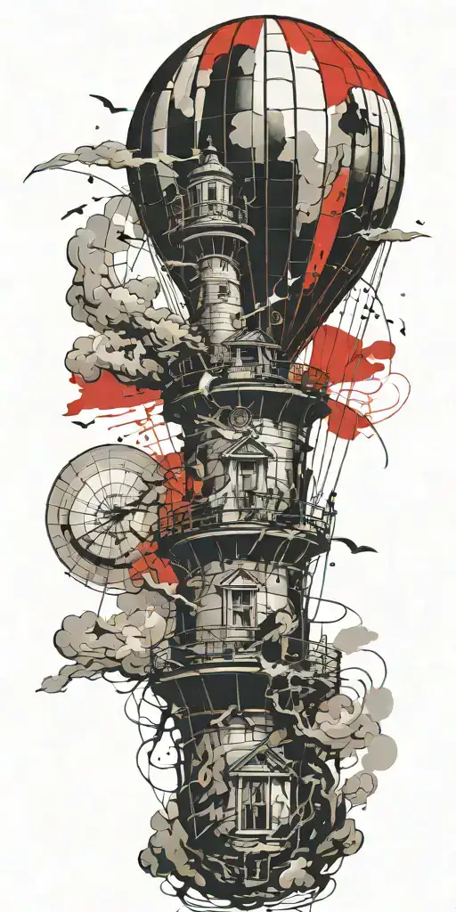 hot air balloon lighthouse in a tornado never give up tattoo design idea