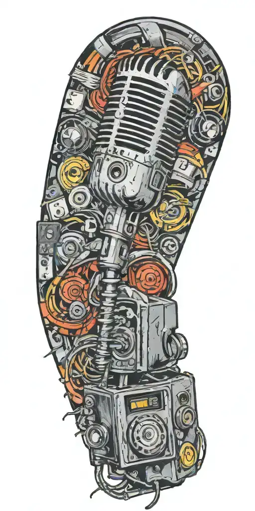 tornado of rock music heaphones, speakers, microphone, cassette tapes  tattoo design idea