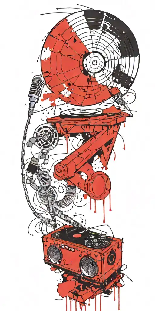 tornado of rock music record player, concert speakers, microphone  tattoo design idea