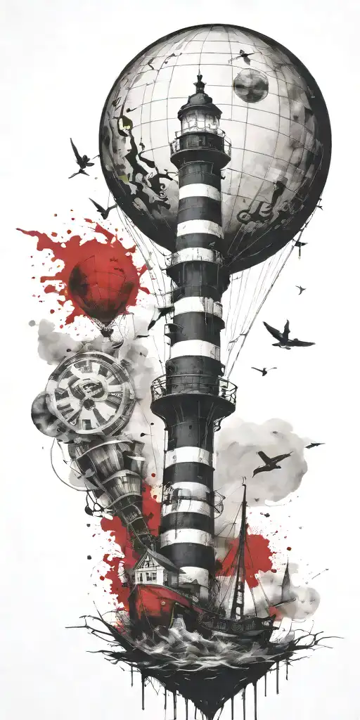 shipwreck hot air balloons and lighthouse tattoo design idea