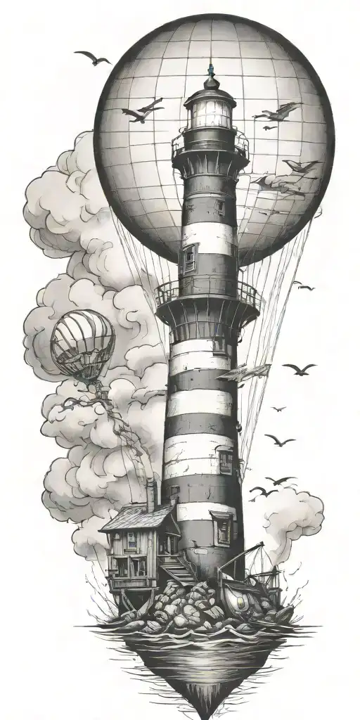 light house hot air balloon and shipwreck scene tattoo design idea