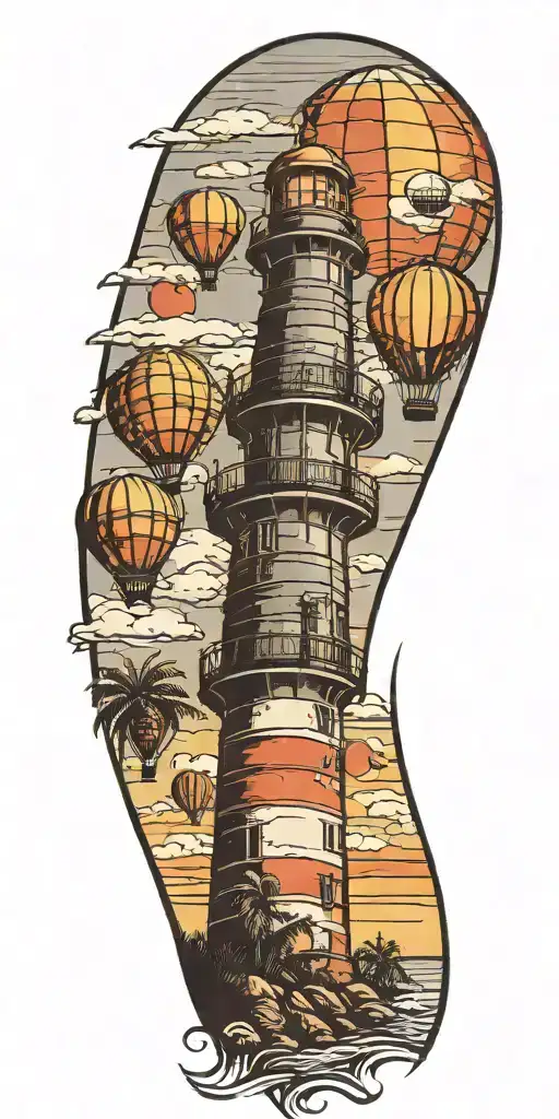light house beach scene with palm trees and hot air balloons  tattoo design idea