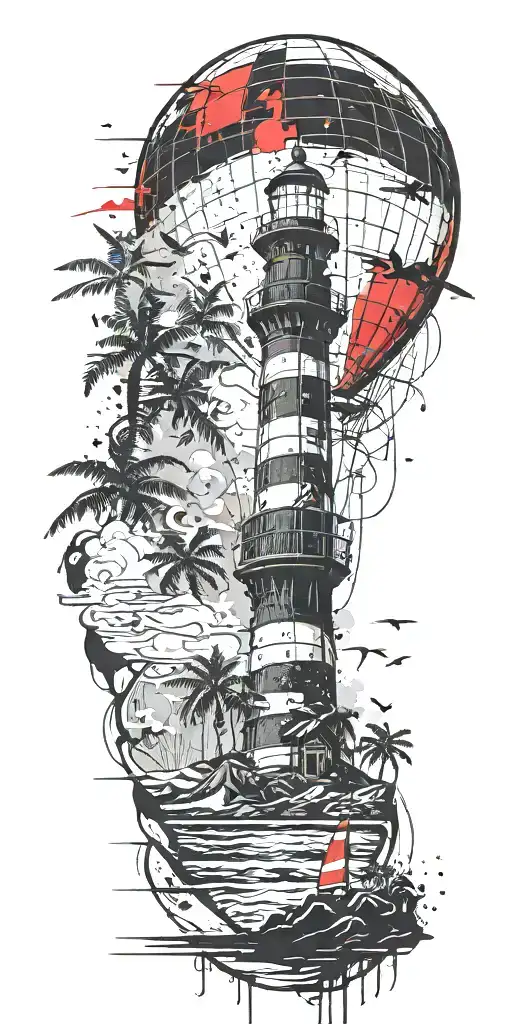 light house beach scene with palm trees and hot air balloons  tattoo design idea