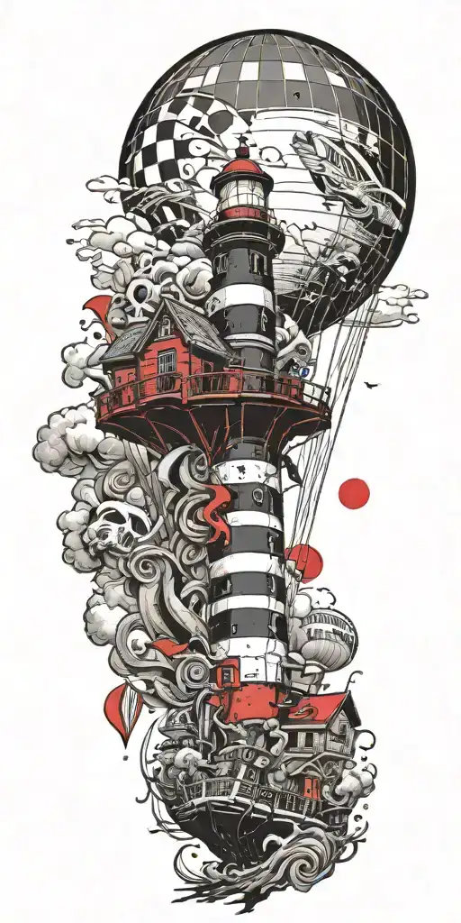 lighthouse mushroom hot air ballon's and a shipwreck  tattoo design idea