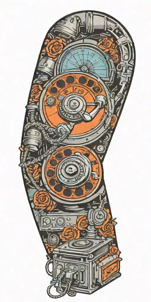 old school dial phone, record player, and radio ima tornado  tattoo design idea