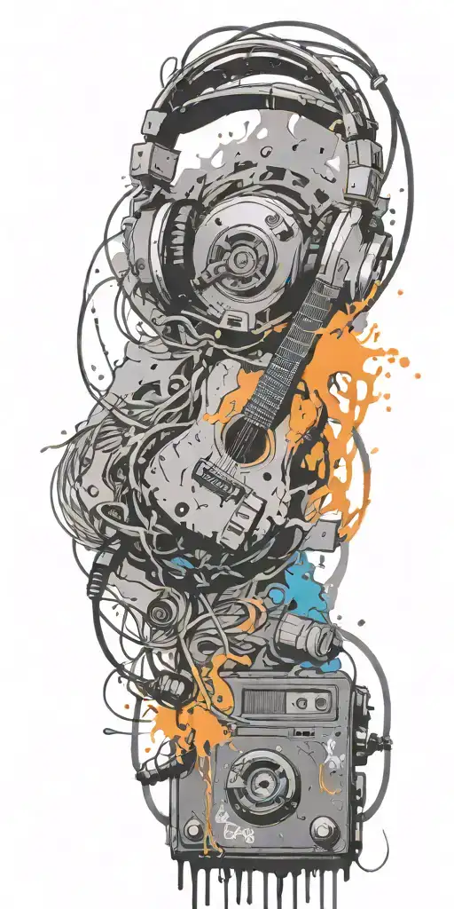 frozen audio cassette tape, headphones, guitar thunder storm  tattoo design idea