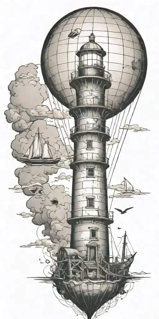 light house hot air balloon and shipwreck scene tattoo design idea