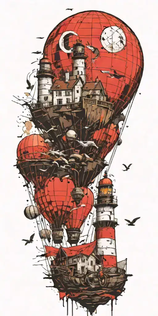 hot air balloons, lighthouses, and ship wreck  tattoo design idea