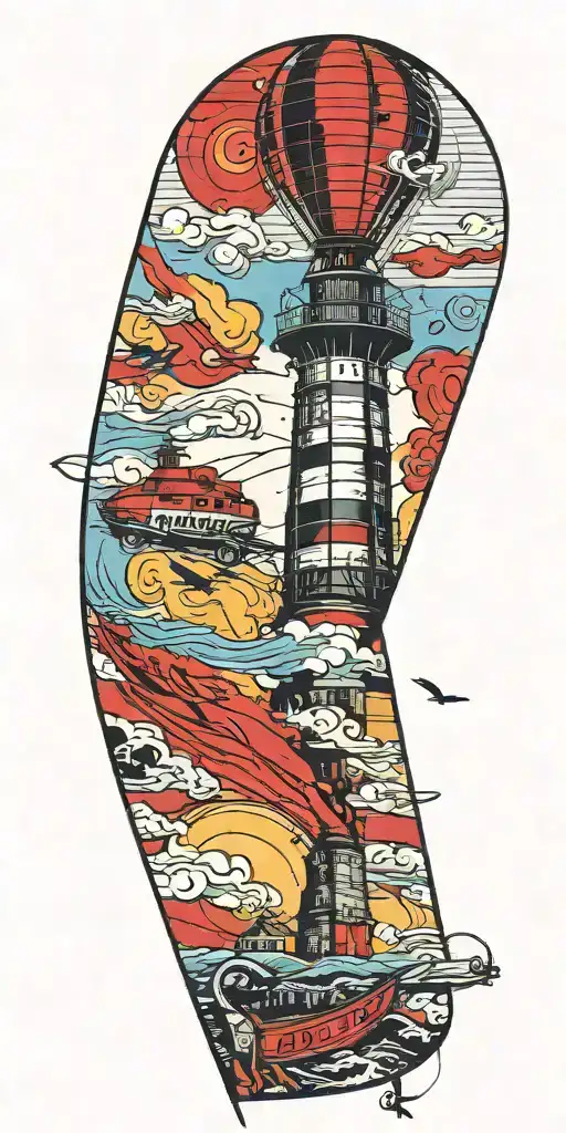 lighthouse hot air balloon and a banner plane a tornado  tattoo design idea