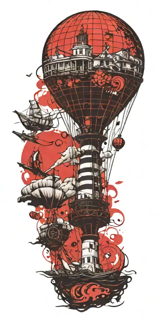 hot air balloon, lighthouse, and ship wreck  tattoo design idea