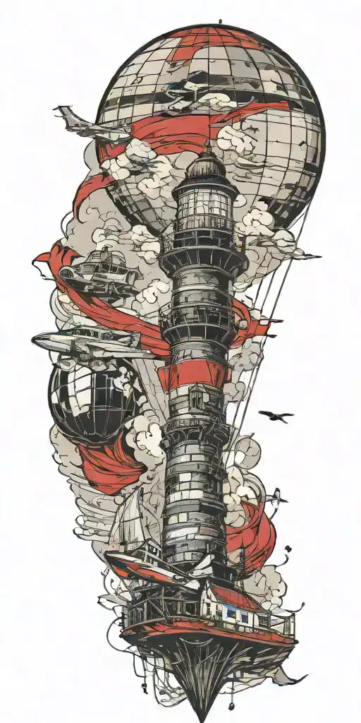 lighthouse hot air balloon and a banner plane a tornado  tattoo design idea