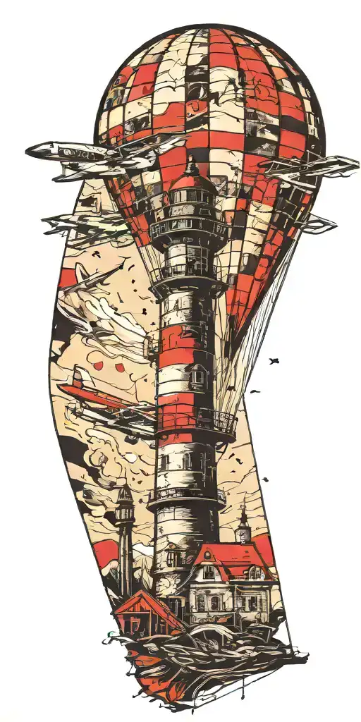 lighthouse hot air balloon and a banner plane a tornado  tattoo design idea
