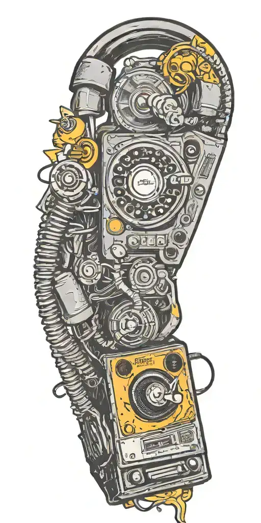 old school dial phone, music speakers, and record player tornado melting  tattoo design idea