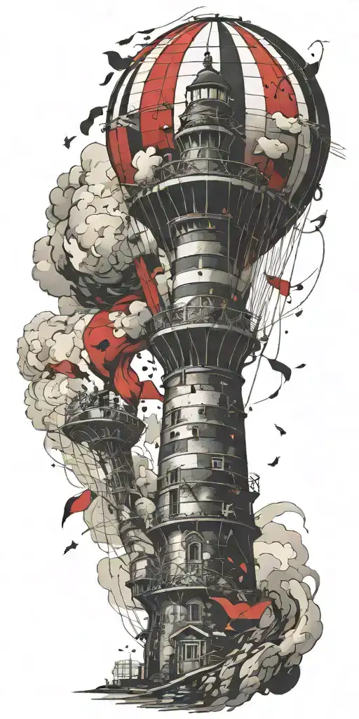 hot air balloon and lighthouse in a tornado never give up tattoo design idea