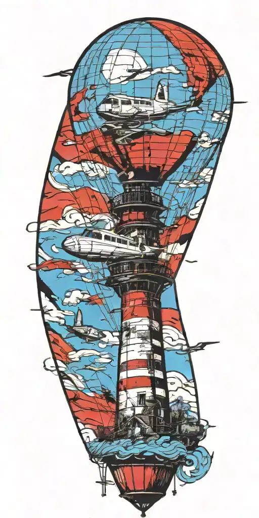 lighthouse hot air balloon and a banner plane a tornado  tattoo design idea