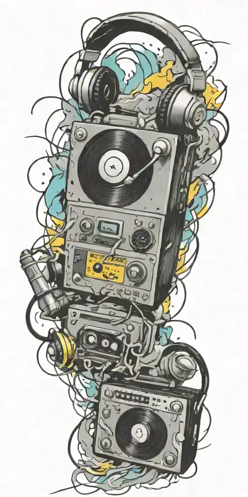 record player, headphones, guitar thunder storm  tattoo design idea