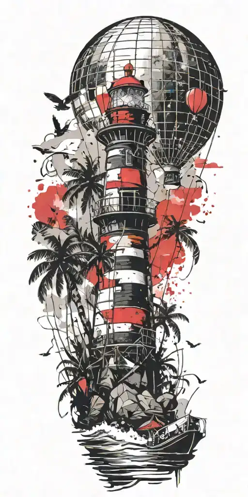 light house beach scene with palm trees and hot air balloons  tattoo design idea