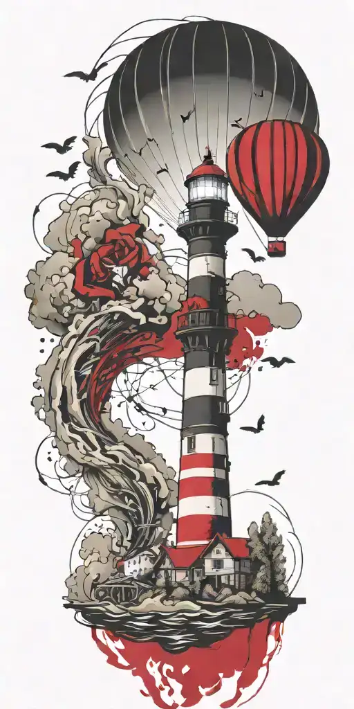 lighthouse and a hot air balloon in a tornado  tattoo design idea