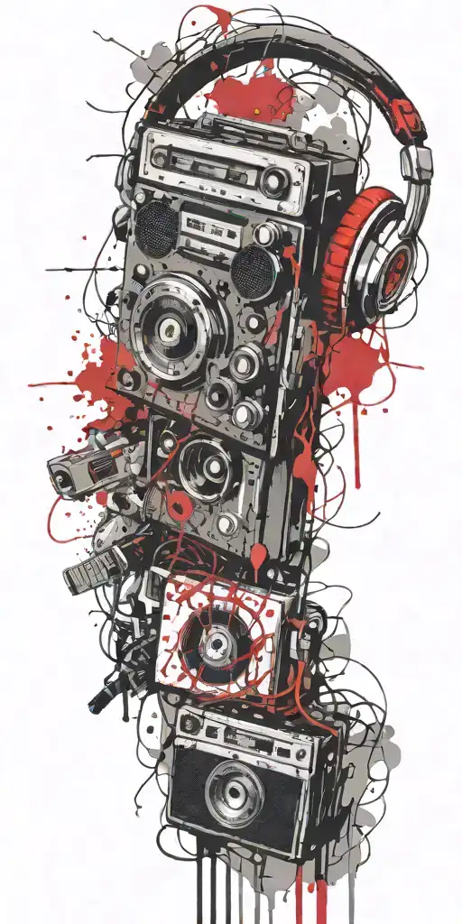cassette tape, headphones, guitar bomb exploding tattoo design idea