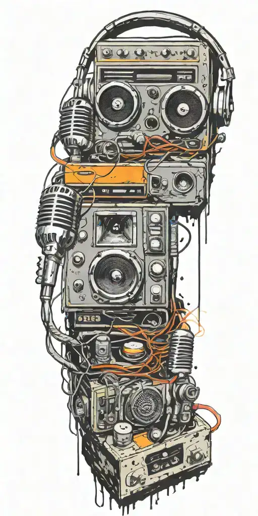 heaphones, speakers, I microphone, record  player melting together  tattoo design idea
