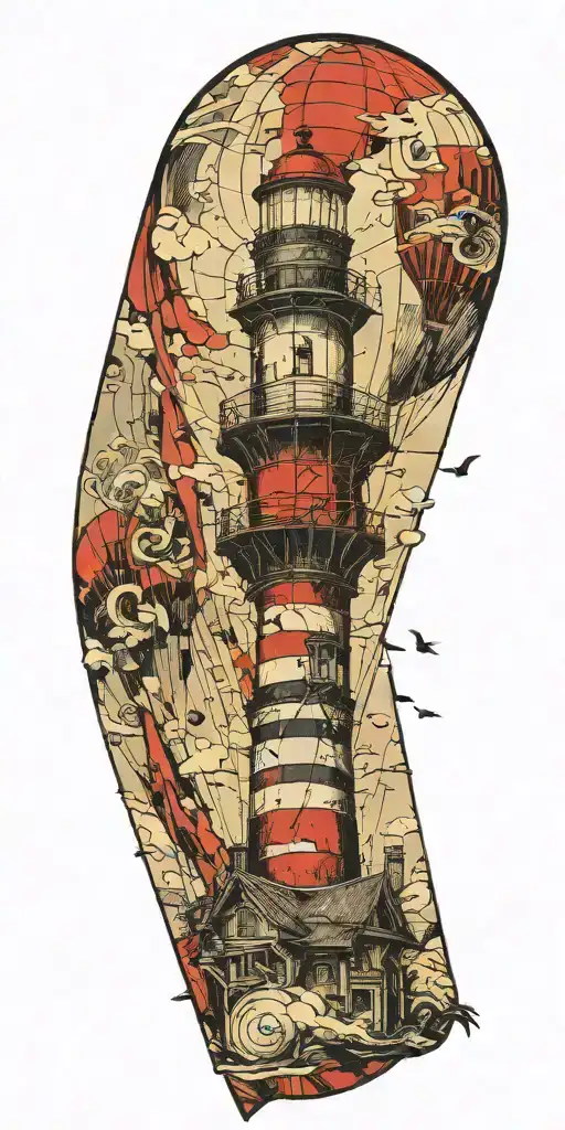 lighthouse hot air balloon being destroyed in a tornado  tattoo design idea