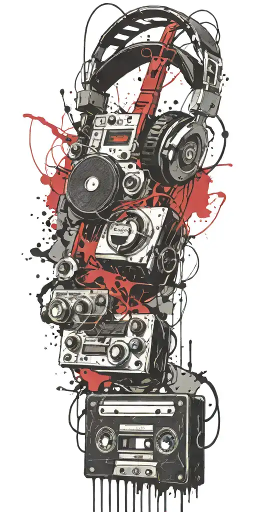 cassette tape, headphones, guitar bomb exploding tattoo design idea