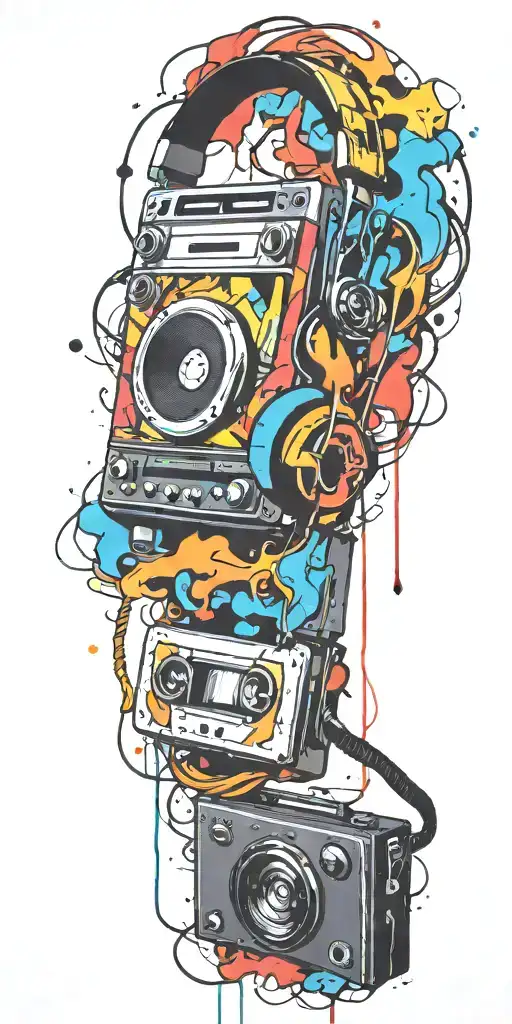 cassette tape, headphones, guitar bomb exploding tattoo design idea