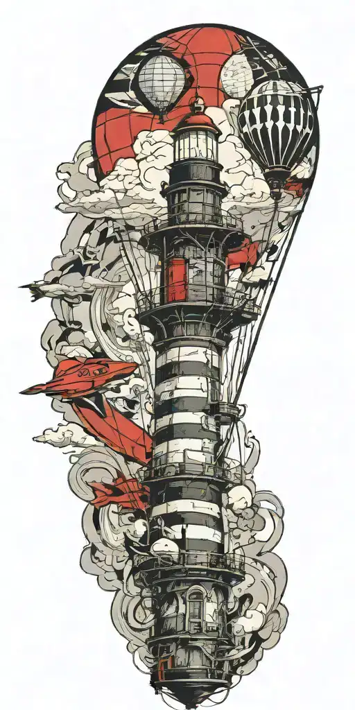 lighthouse hot air balloon and a banner plane a tornado  tattoo design idea