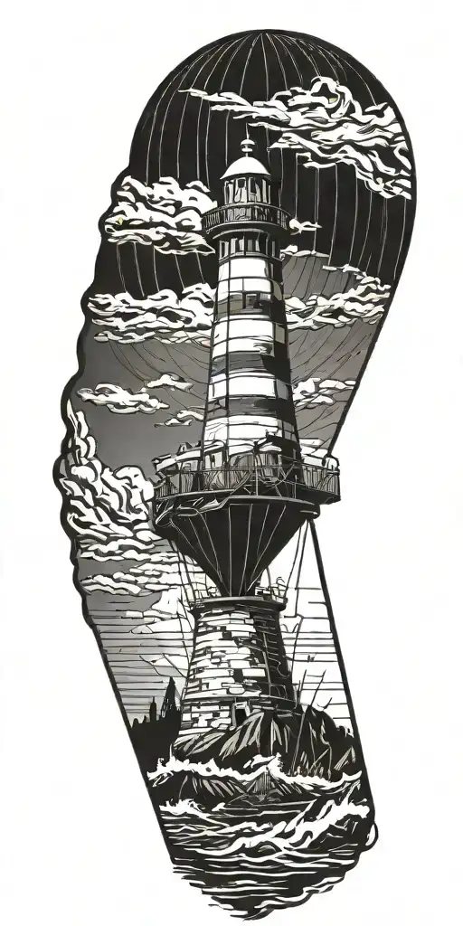 light house hot air balloon and shipwreck  tattoo design idea