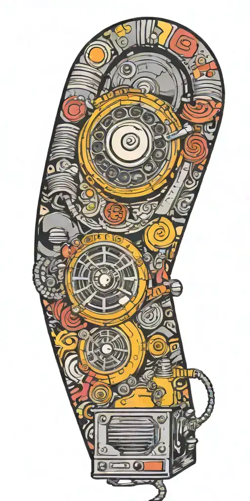 vintage old school dial phone, music speakers, and record player tornado  tattoo design idea