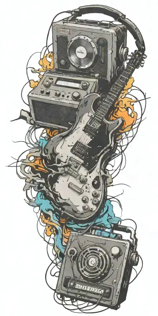 record player, headphones, guitar thunder storm  tattoo design idea
